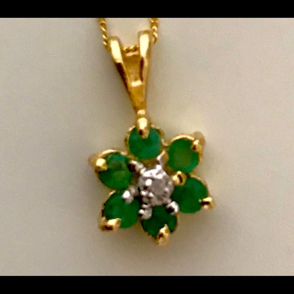 14K Gold necklace emeralds and diamond.